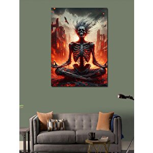 Kanvas Tablo Yanan Şehir Ve Yoga Yapan İskelet 50x70 cm