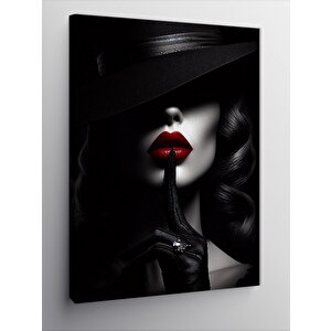 Kanvas Tablo Kırmızı Rujlu Sus Yapan Kadın 100x140 cm