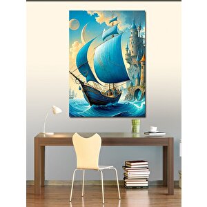 Kanvas Tablo Mavi Yelkenli Gemi Ve Şato 70x100 cm