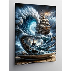 Kanvas Tablo Dalgalı Deniz Fincan Ve Yelkenli Gemi 100x140 cm