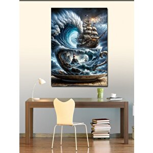 Kanvas Tablo Dalgalı Deniz Fincan Ve Yelkenli Gemi 100x140 cm