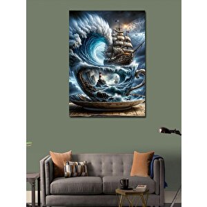 Kanvas Tablo Dalgalı Deniz Fincan Ve Yelkenli Gemi 100x140 cm