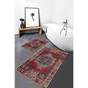 Kırmızı Doğal Pamuklu 2'li Banyo&mutfak Paspas Seti 60x100 50x60 Cm