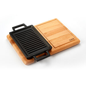 Döküm Dikdörtgen Çift Yön Izgara Ve Düz Yüzey Hot Plate Kayın Servis Ahşabı Ölçü 22x15cm.