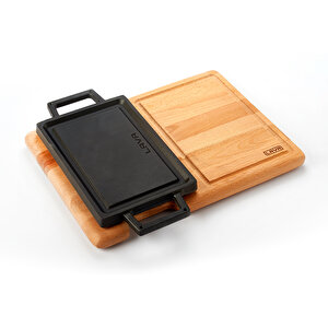 Döküm Dikdörtgen Çift Yön Izgara Ve Düz Yüzey Hot Plate Kayın Servis Ahşabı Ölçü 22x15cm.