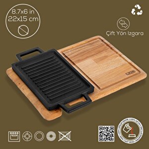 Döküm Dikdörtgen Çift Yön Izgara Ve Düz Yüzey Hot Plate Kayın Servis Ahşabı Ölçü 22x15cm.