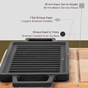 Lava Döküm Dikdörtgen Çift Yön Izgara Ve Düz Yüzey Hot Plate Kayın Servis Ahşabı Ölçü 22x15cm.