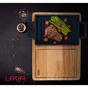Lava Döküm Dikdörtgen Çift Yön Izgara Ve Düz Yüzey Hot Plate Kayın Servis Ahşabı Ölçü 22x15cm.