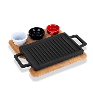 Döküm Dikdörtgen Çift Yön Izgara Ve Düz Yüzey Hot Plate Kayın Servis Ahşabı Ölçü 22x15cm. (sos Kapları Dahil Değildir.)