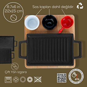 Döküm Dikdörtgen Çift Yön Izgara Ve Düz Yüzey Hot Plate Kayın Servis Ahşabı Ölçü 22x15cm. (sos Kapları Dahil Değildir.)