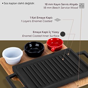 Lava Döküm Dikdörtgen Çift Yön Izgara Ve Düz Yüzey Hot Plate Kayın Servis Ahşabı Ölçü 22x15cm. (sos Kapları Dahil Değildir.)