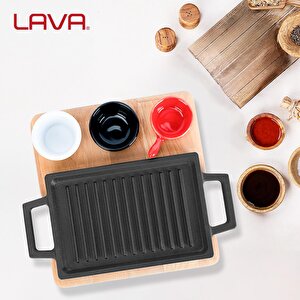 Lava Döküm Dikdörtgen Çift Yön Izgara Ve Düz Yüzey Hot Plate Kayın Servis Ahşabı Ölçü 22x15cm. (sos Kapları Dahil Değildir.)