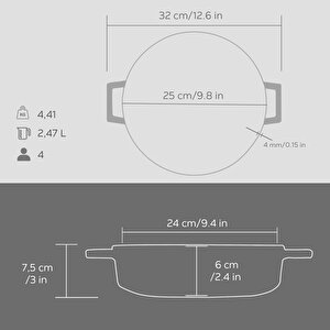 Lava Döküm Çok Amaçlı Yayvan Tencere Döküm Demir Yekpare Kulplu Premium Serisi Çap(ø)24cm.