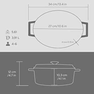 Lava Döküm Oval Tencere Döküm Demir Yekpare Kulplu Premium Serisi Ölçü 21x27cm.