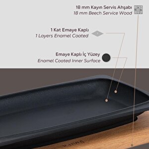 Lava Döküm Dikdörtgen Servis Tabağı Ve Kayın Servis Ahşabı. Ölçü 30x15cm.