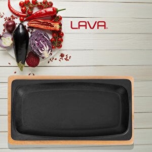 Lava Döküm Dikdörtgen Servis Tabağı Ve Kayın Servis Ahşabı. Ölçü 30x15cm.