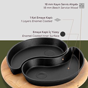 Lava Döküm Damla Formlu 2'li Set Yingyang Fajita Tabağı Kayın Servis Ahşabı Ölçü 10x20cm.