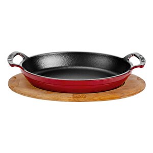 Döküm Oval Sahan Döküm Demir Yekpare Çift Kulplu Kayın Servis Ahşabı Ölçü 27x20cm. Kırmızı