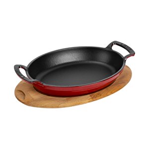 Döküm Oval Sahan Döküm Demir Yekpare Çift Kulplu Kayın Servis Ahşabı Ölçü 27x20cm. Kırmızı