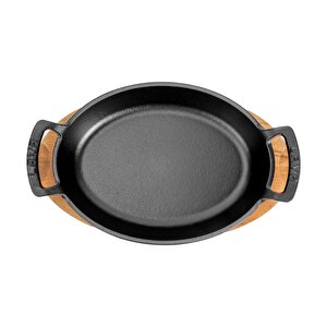 Döküm Oval Sahan Döküm Demir Yekpare Çift Kulplu Kayın Servis Ahşabı Ölçü 27x20cm. Kırmızı
