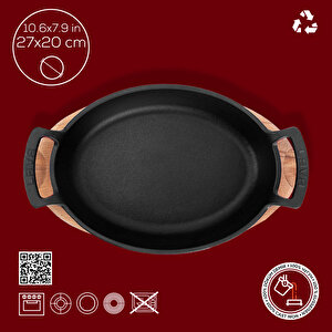 Lava Döküm Oval Sahan Döküm Demir Yekpare Çift Kulplu Kayın Servis Ahşabı Ölçü 27x20cm.