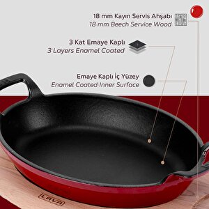 Lava Döküm Oval Sahan Döküm Demir Yekpare Çift Kulplu Kayın Servis Ahşabı Ölçü 27x20cm.