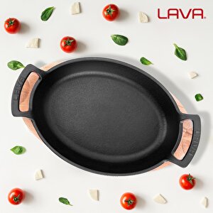 Lava Döküm Oval Sahan Döküm Demir Yekpare Çift Kulplu Kayın Servis Ahşabı Ölçü 27x20cm.