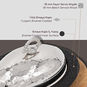 Lava Döküm Oval Döner, Kebap Tabağı Kayın Servis Ahşabı Ve Bakır Dövme Formlu Kapak Ölçü 32x23cm.