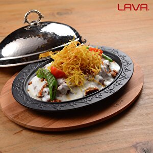 Lava Döküm Oval Döner, Kebap Tabağı Kayın Servis Ahşabı Ve Bakır Dövme Formlu Kapak Ölçü 32x23cm.