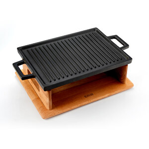 Döküm Dikdörtgen Çift Yön Izgara Hot Plate Döküm Demir Yekpare Çift Kulplu Kayın Servis Ahşabı Ölçü 22x30cm.(isıtıcı Dahil De