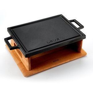 Döküm Dikdörtgen Çift Yön Izgara Hot Plate Döküm Demir Yekpare Çift Kulplu Kayın Servis Ahşabı Ölçü 22x30cm.(isıtıcı Dahil De