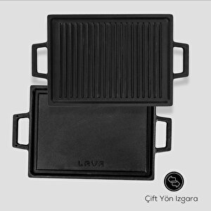 Döküm Dikdörtgen Çift Yön Izgara Hot Plate Döküm Demir Yekpare Çift Kulplu Kayın Servis Ahşabı Ölçü 22x30cm.(isıtıcı Dahil De