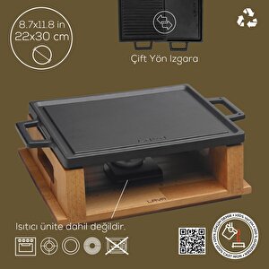 Lava Döküm Dikdörtgen Çift Yön Izgara Hot Plate Döküm Demir Yekpare Çift Kulplu Kayın Servis Ahşabı Ölçü 22x30cm.(isıtıcı Dahil De