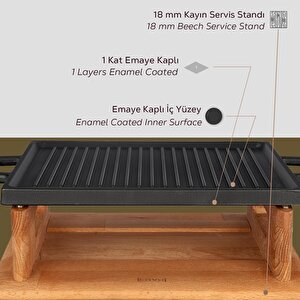 Lava Döküm Dikdörtgen Çift Yön Izgara Hot Plate Döküm Demir Yekpare Çift Kulplu Kayın Servis Ahşabı Ölçü 22x30cm.(isıtıcı Dahil De