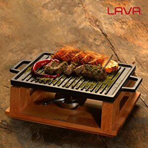 Lava Döküm Dikdörtgen Çift Yön Izgara Hot Plate Döküm Demir Yekpare Çift Kulplu Kayın Servis Ahşabı Ölçü 22x30cm.(isıtıcı Dahil De