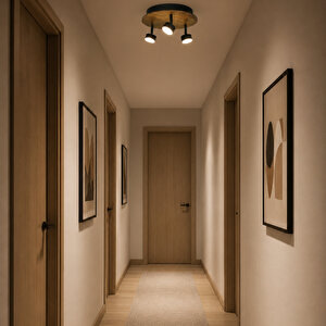 Plafonyer Spotlu Yuvarlak Ahşap Led Avize 30 Cm 9 Watt Dekoratif
