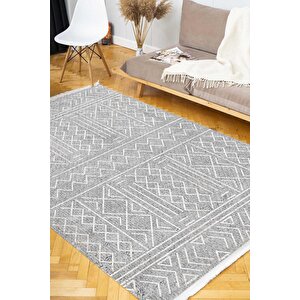 Gri Etnik Yıkanabilir Kaymaz Bambu Halı Pamuk Kilim Salon Halısı Ve Yolluk, 100 X 160