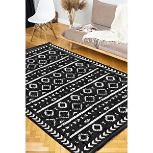 Siyah İskandinav Yıkanabilir Kaymaz Bambu Halı Pamuk Kilim Salon Halısı Ve Yolluk, 160 X 230