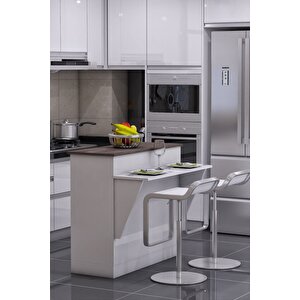 Mutfak Masası Ada Şeklinde Bar Masa Ile Birlikte Beyaz Ahşap Ceviz Renk Azure 565656