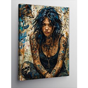 Kanvas Tablo Kolları Dövmeli Mavi Saçlı Kız 100x140 cm