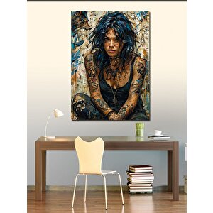 Kanvas Tablo Kolları Dövmeli Mavi Saçlı Kız 100x140 cm