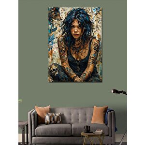 Kanvas Tablo Kolları Dövmeli Mavi Saçlı Kız 50x70 cm