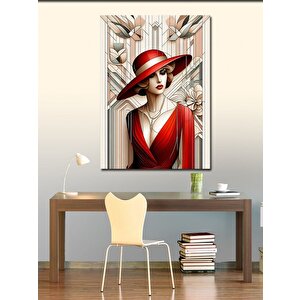 Kanvas Tablo Kırmızı Şapkalı Elbiseli Kadın 100x140 cm
