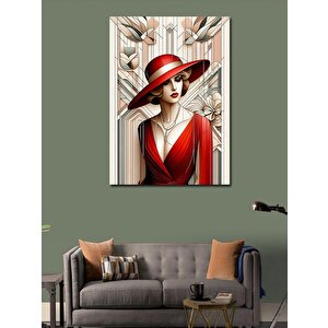 Kanvas Tablo Kırmızı Şapkalı Elbiseli Kadın 70x100 cm