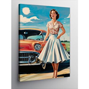 Kanvas Tablo Retro Araba Ve Pin Up Kızı 100x140 cm