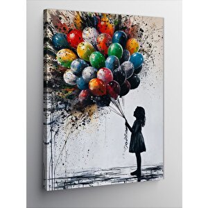 Kanvas Tablo Renkli Uçan Balonlar Ve Kız 70x100 cm