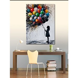 Kanvas Tablo Renkli Uçan Balonlar Ve Kız 100x140 cm