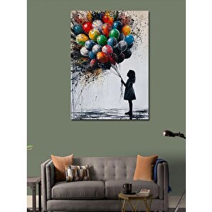 Kanvas Tablo Renkli Uçan Balonlar Ve Kız 100x140 cm