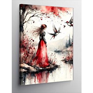 Kanvas Tablo Nehir Kenarındaki Kırmızı Elbiseli Kadın 50x70 cm
