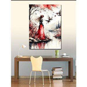 Kanvas Tablo Nehir Kenarındaki Kırmızı Elbiseli Kadın 50x70 cm